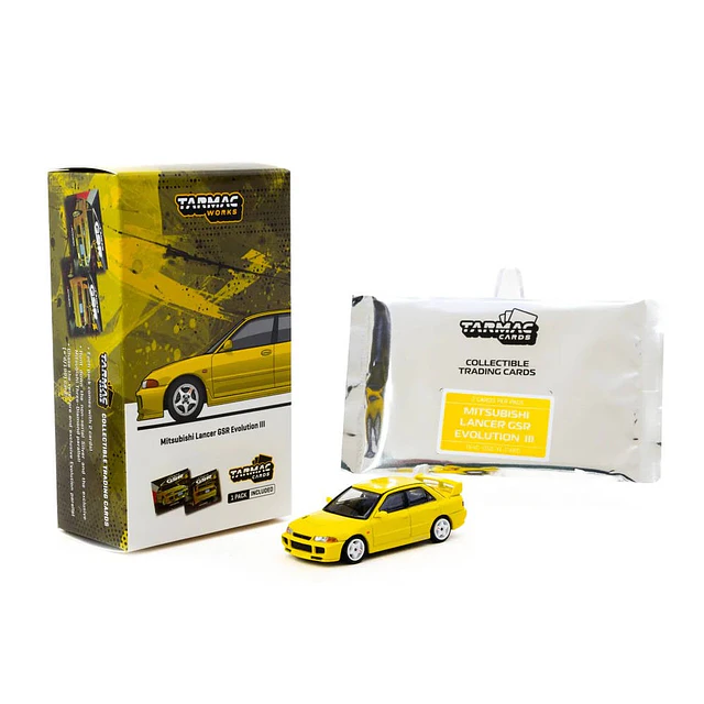 T64G-050-YL - Tarmac Works - Mitsubishi Lancer GSR Evolution III Yellow with Tarmac Cards
