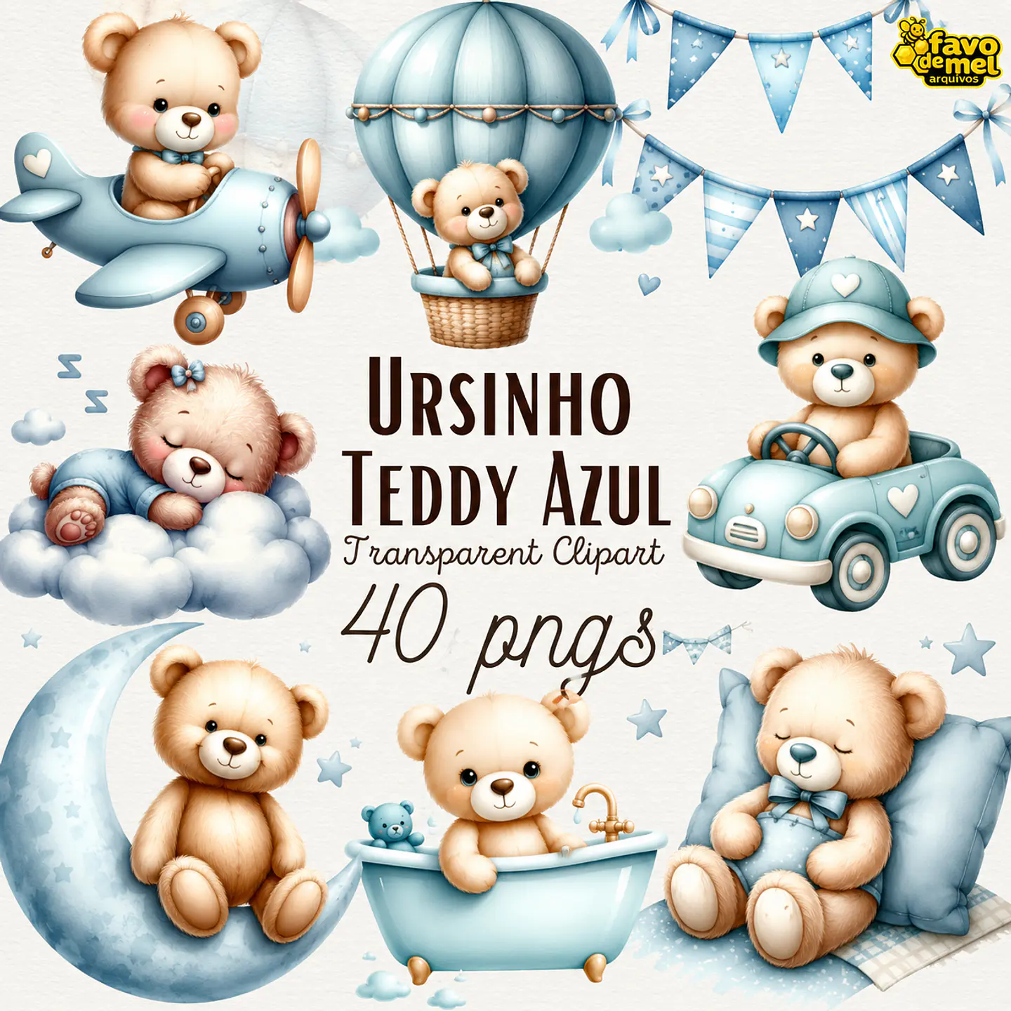 Kit Digital Ursinho Teddy Azul Aquarela 1