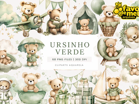 Kit Digital Ursinho Verde Aquarela