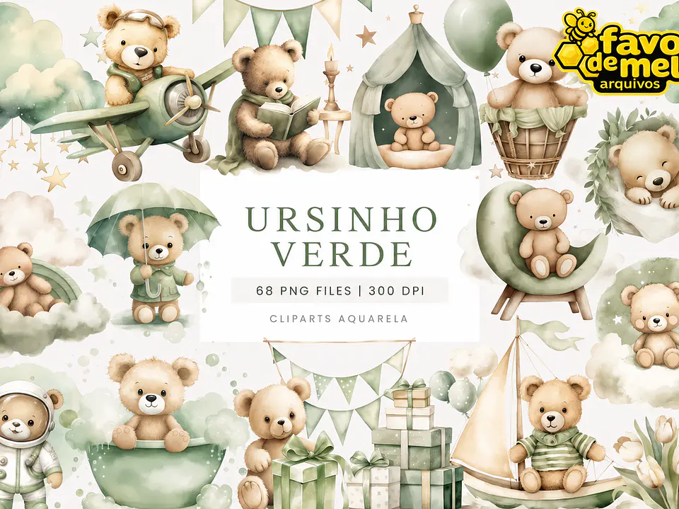 Kit Digital Ursinho Verde Aquarela 1