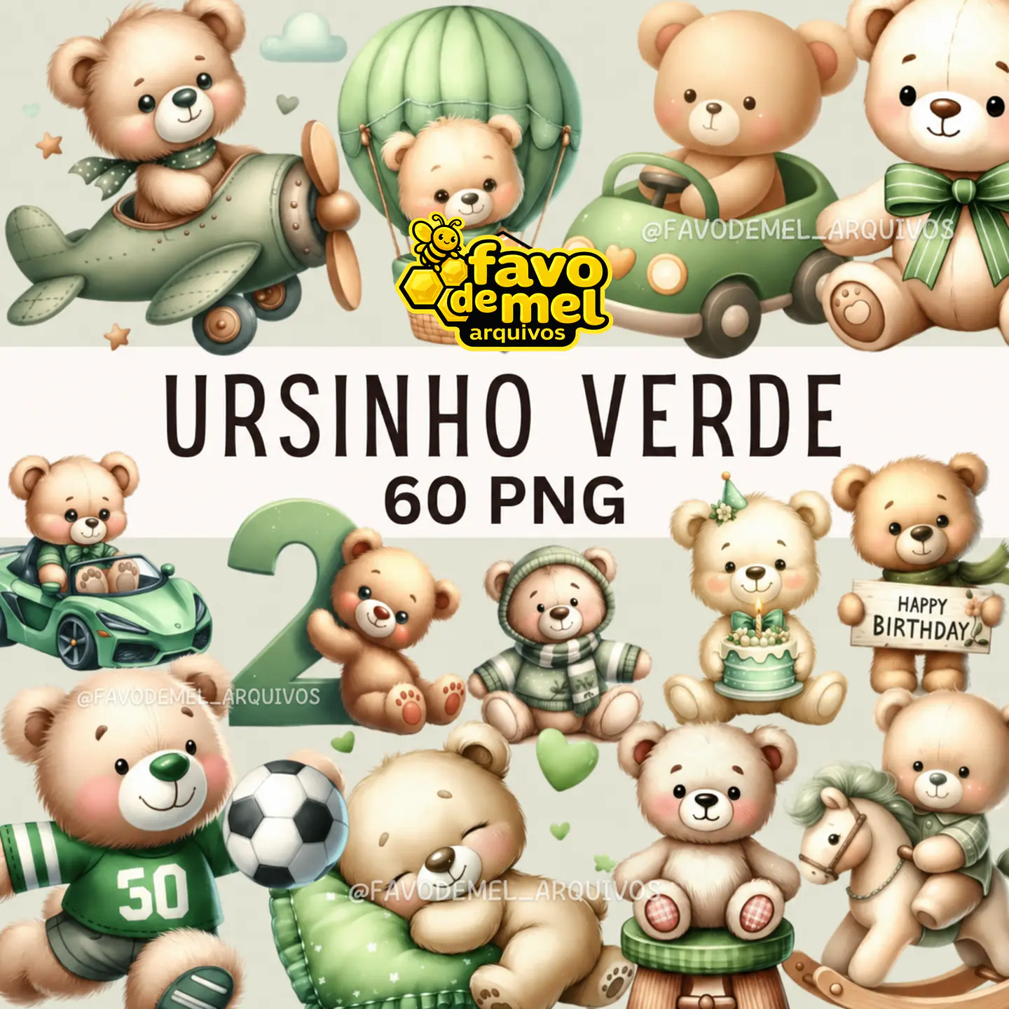 Kit Digital Ursinho Verde Aquarela 1