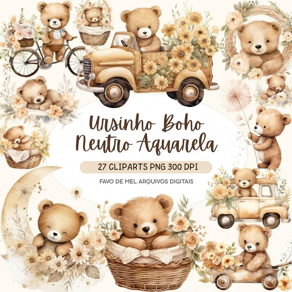Kit Digital Ursinho Boho Neutro Aquarela 1
