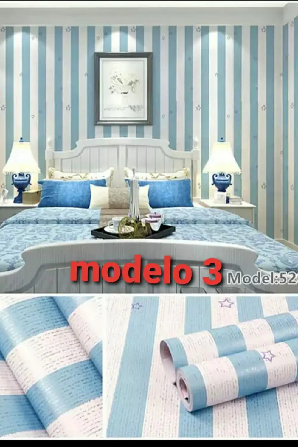 Papel Decomural  Franjas con Estrellas Celeste 