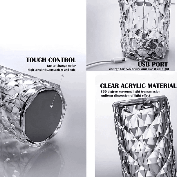 Lámpara Velador Adorno De Cristal Rosa Diamante Tactil Usb 3