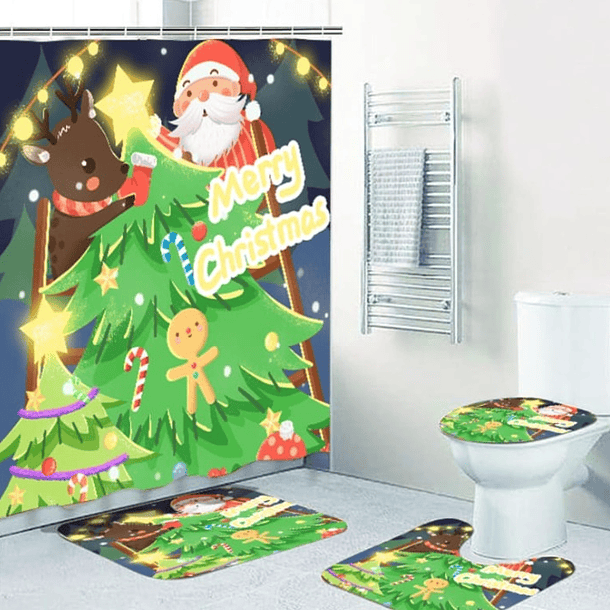  Kit De Navidad para Baño 4 pzas- Diseño de Arbol y Viejito Pascuero 1