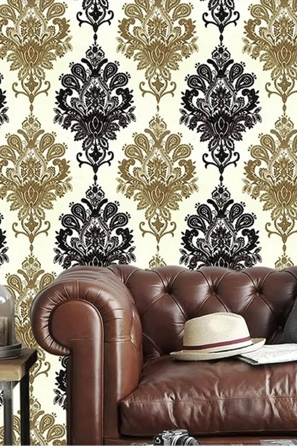 Papel Decomural  Premium Mosaico elegante negro y dorado Texturizado