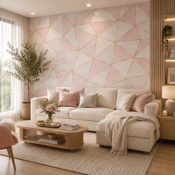Papel Mural Autoadhesivo Triángulos Rosa Dorado 10m x 60cm 1