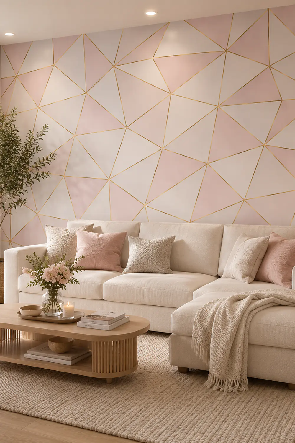 Papel Mural Autoadhesivo Triángulos Rosa Dorado 10m x 60cm