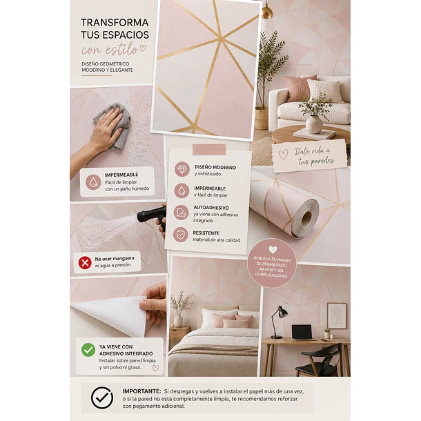 Papel Mural Autoadhesivo Triángulos Rosa Dorado 10m x 60cm 7