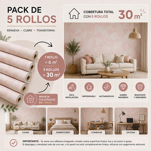 Papel Mural Autoadhesivo Rosa  Pack 5 Rollos 10x60cm 3