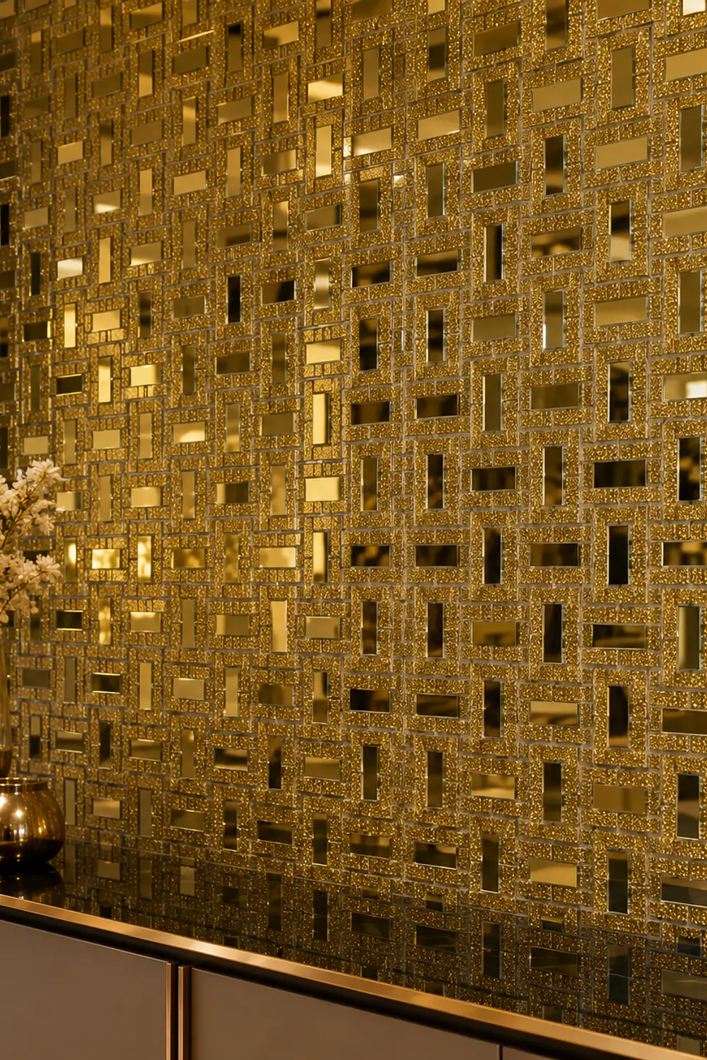 Pegatina Mosaico de Metal tipo espejo dorado  3D autoadhesivo 30x30 