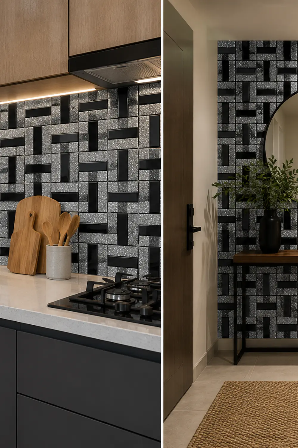 Pegatina Mosaico de Metal tipo espejo Negro 3D autoadhesivo 30x30 