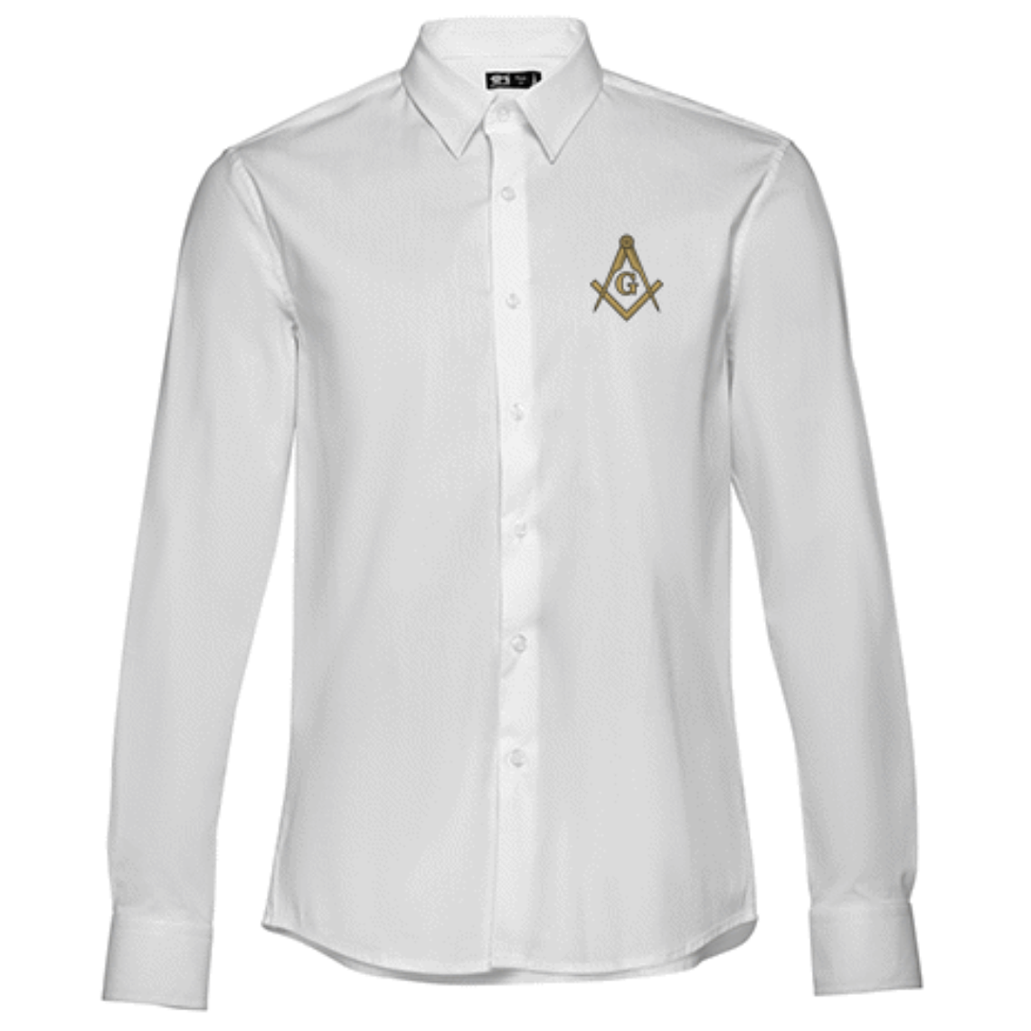 Camisa Branca de Botões Masculina com Logo da Maçonaria - Design de Símbolo com Esquadro e Compasso. 1