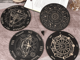 Conjunto de Pêndulo com Pingente de Cristal + 4 Placas de Madeira de 15cm com Geometria Sagrada