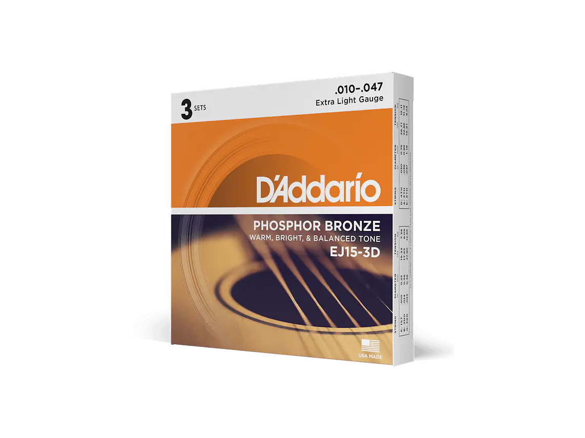 D'Addario EJ15-3D Phosphor Bronze Extra Light - 3 JOGOS 6