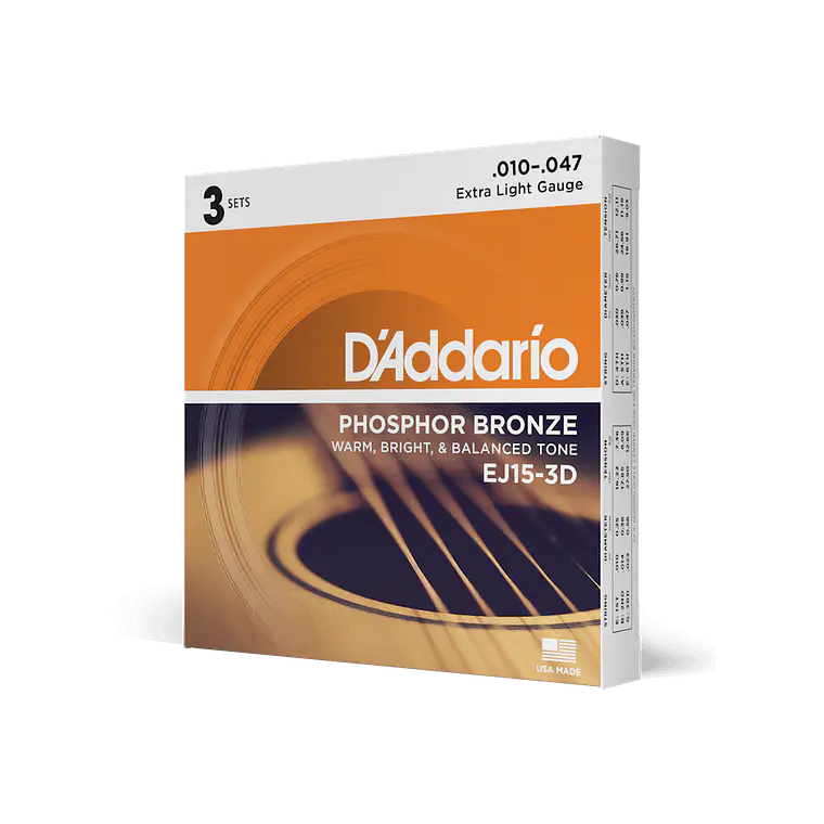 D'Addario EJ15-3D Phosphor Bronze Extra Light - 3 JOGOS 6