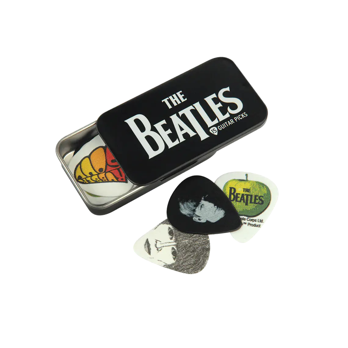 D'Addario Beatles Signature Guitar Pick Tins, Logo, 15 palhetas  1
