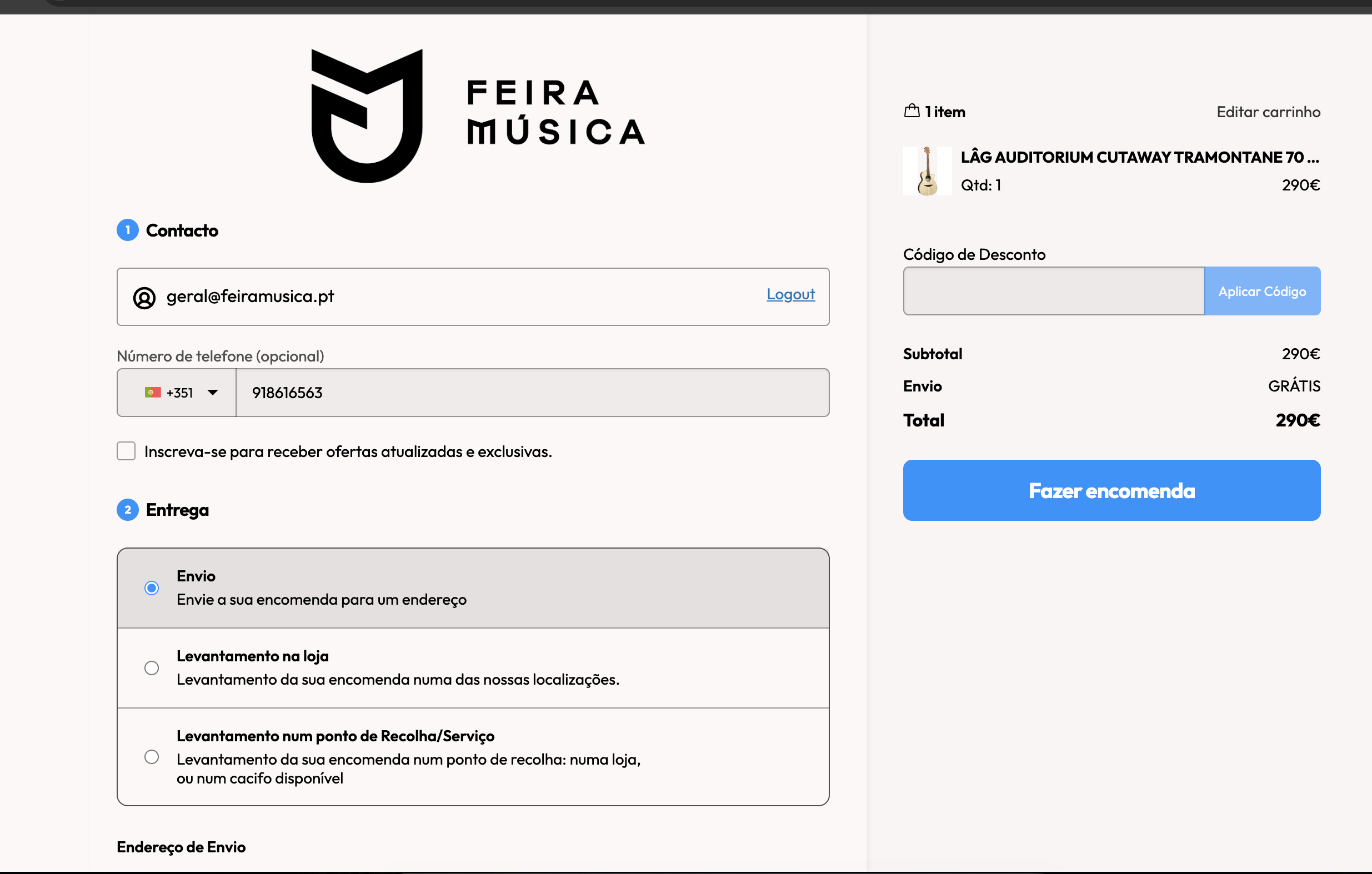 Opção de envio para casa no checkout