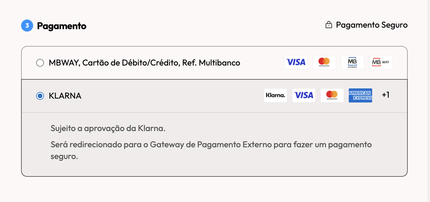 Exemplo da opção Klarna no checkout
