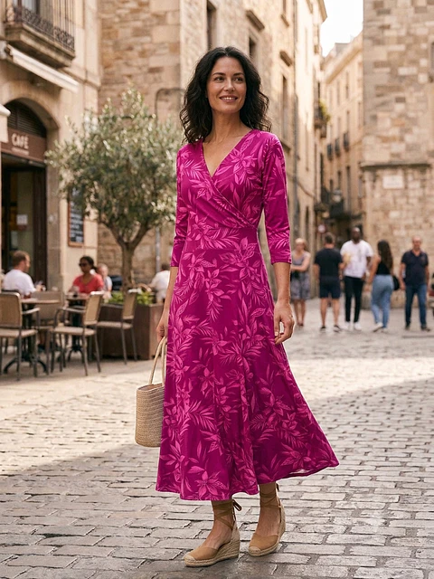 vestido imperio midi fucsia