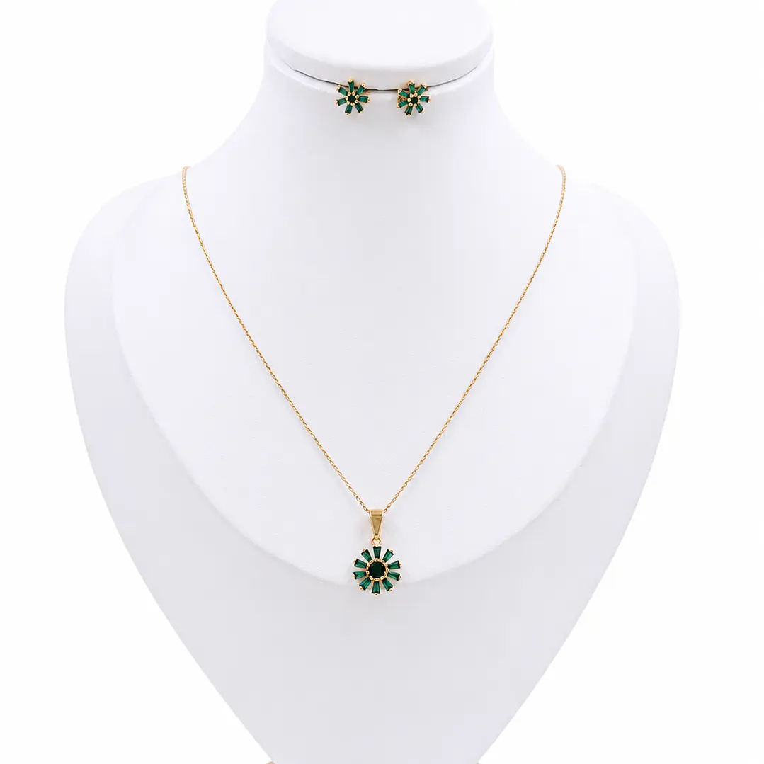 SET FLOR VERDE EN ORO LAMINADO 18K 1