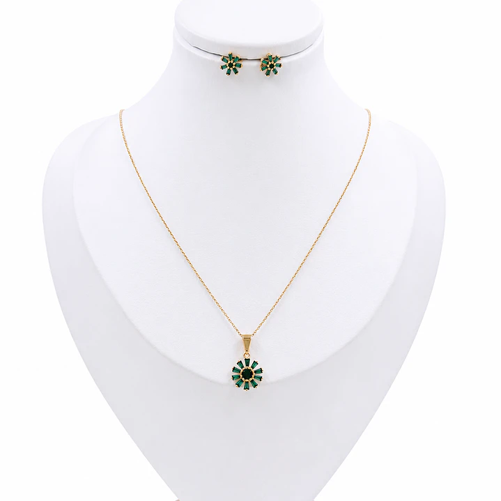 SET FLOR VERDE EN ORO LAMINADO 18K 1