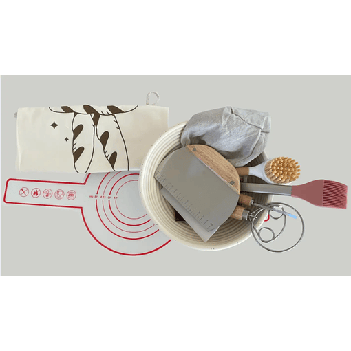 Kit Masa Madre Luxury: Banneton Redondo + Cubierta + Estera Silicona + Batidor danes+ Pincel Silicona + Rasqueta + Cortador + Greñador+ bolsa-funda exterior.