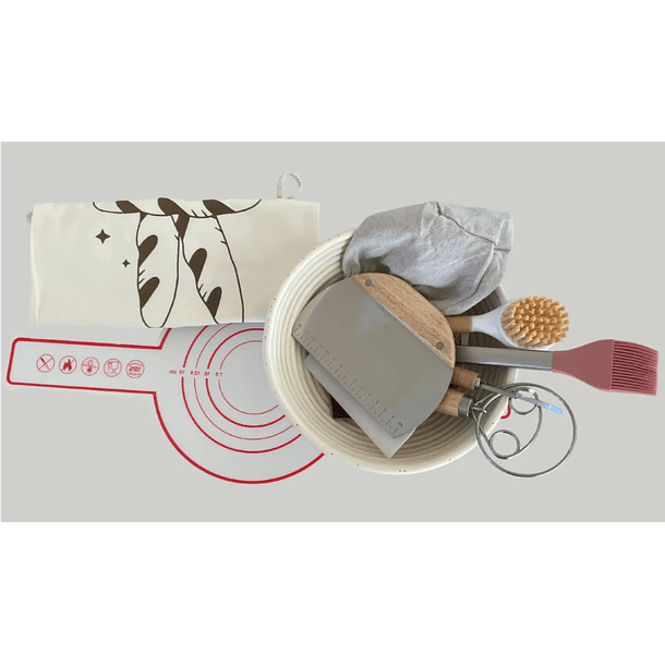 Kit Masa Madre Luxury: Banneton Redondo + Cubierta + Estera Silicona + Batidor danes+ Pincel Silicona + Rasqueta + Cortador + Greñador+ bolsa-funda exterior. 1