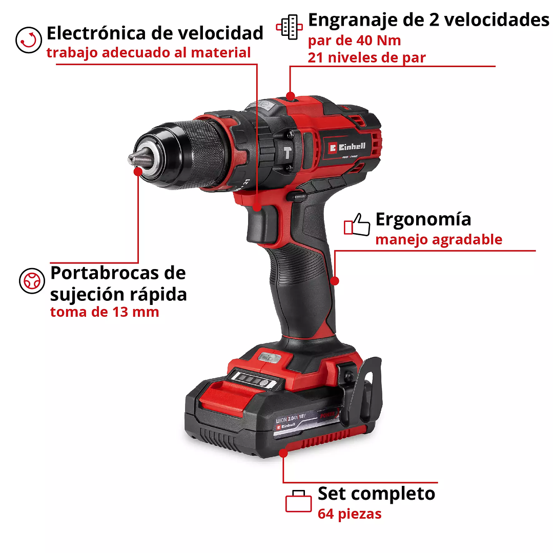 Taladro de Impacto Inalámbrico Einhell TE-CD 18/40 Li-i +64 18V 3
