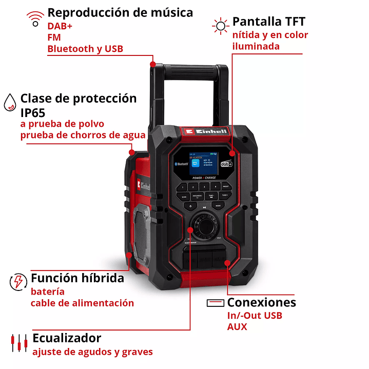 Radio Inalámbrica Einhell TE‑CR 18 Li DAB+/FM/BT + Starter Kit 18V 2,5Ah 3