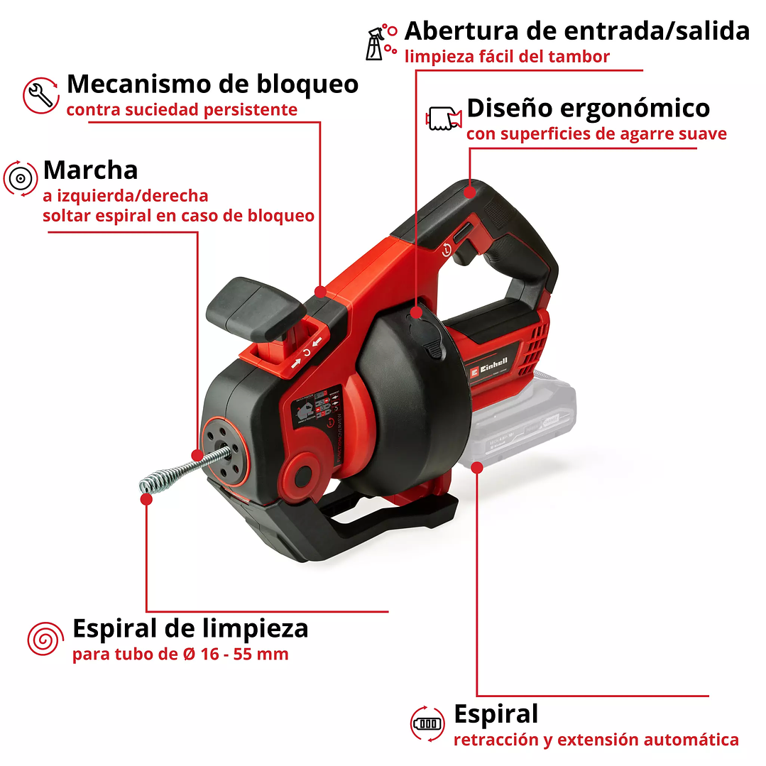 Limpiador de tuberías inalámbrico Einhell TE-DA 18/760 Li + Starter Kit 18V 2,5Ah 2