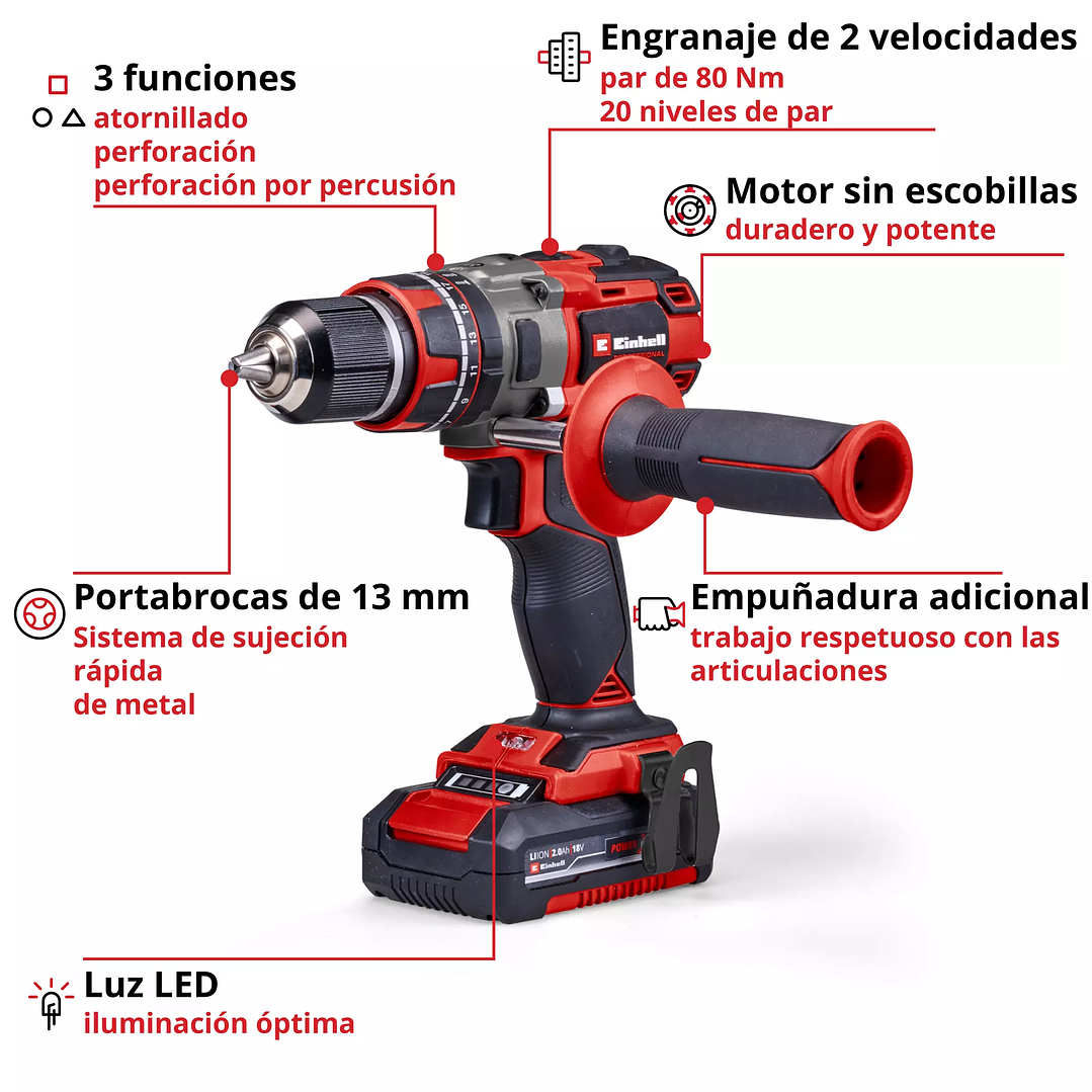 Taladro de Impacto Inalámbrico TP-CD 18/80 Li-i BL Einhell 18V + 2 Baterías 2,0Ah 3