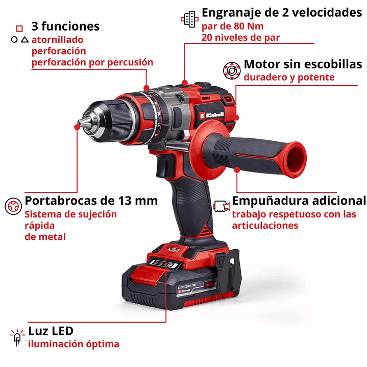 Taladro de Impacto Inalámbrico TP-CD 18/80 Li-i BL Einhell 18V + 2 Baterías 2,0Ah 3