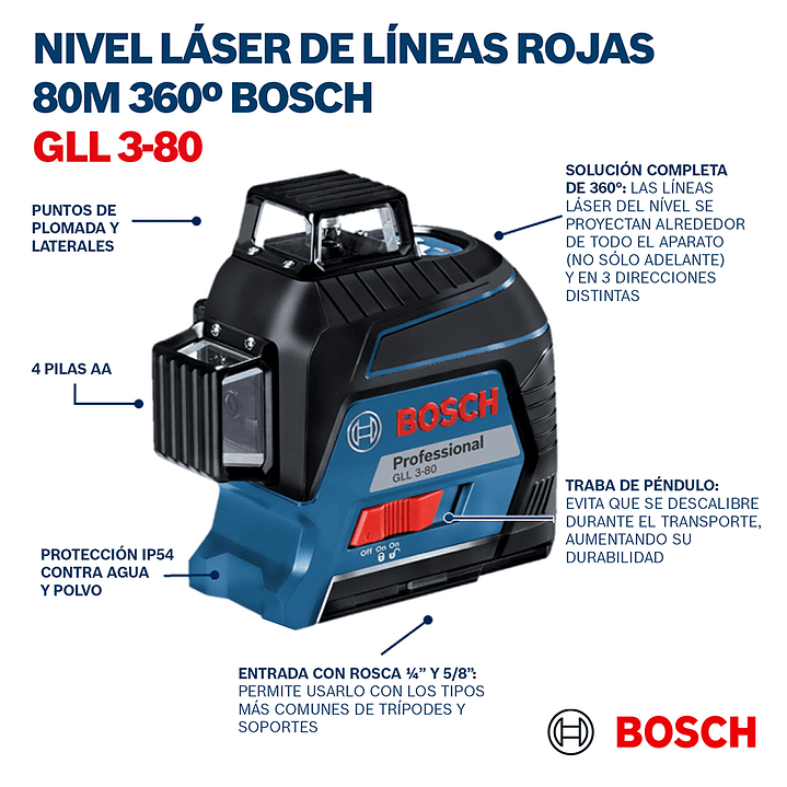 Nivel Láser GLL 3-80 Bosch – Alcance 80 m con Precisión Profesional 4