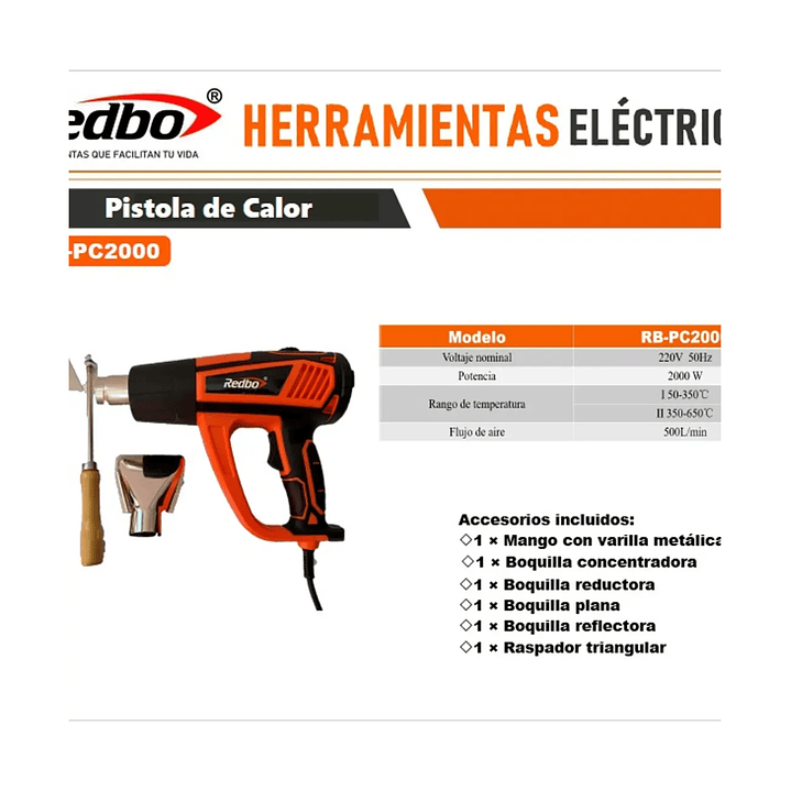Pistola de Calor Eléctrica 2000W RB-PC2000 Redbo – 2000W Potencia Profesional 2