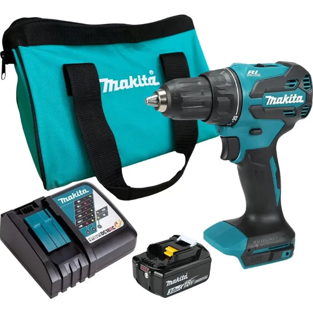 Taladro Percutor Inalámbrico 13mm 18V DHP490RFX Makita con Batería y Cargador 1