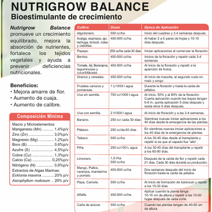 BIOESTIMULANTE NUTRIGROW BALANCE 1L / COMPLEMENTO NUTRICIONAL PARA CULTIVOS - NUTRIFERT 3