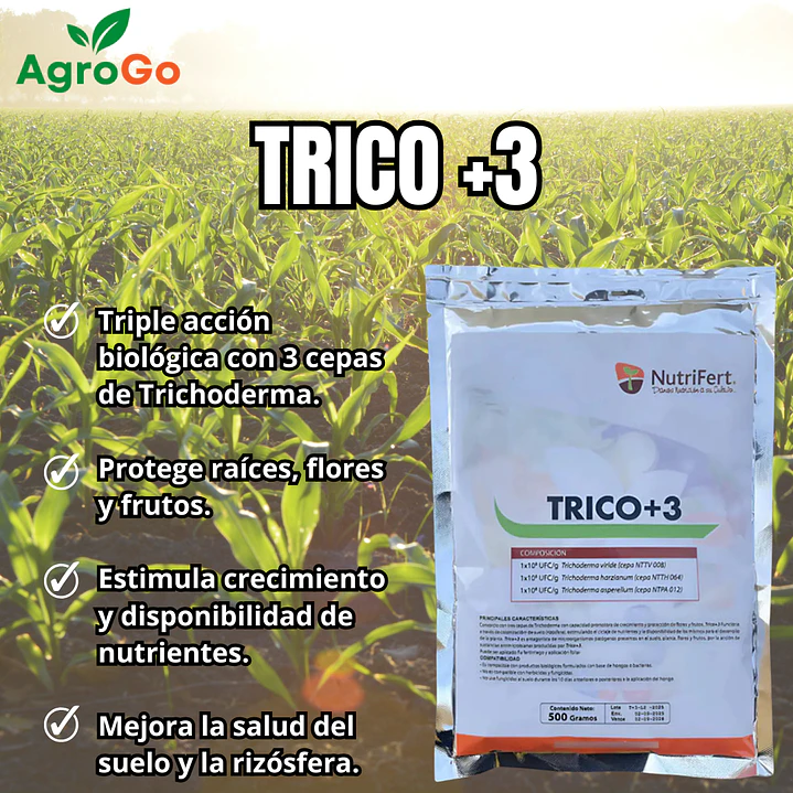 TRICO+3  / CONSORCIO BIOLOGICO DE TRICHODERMA 500gr - NUTRIFERT 4