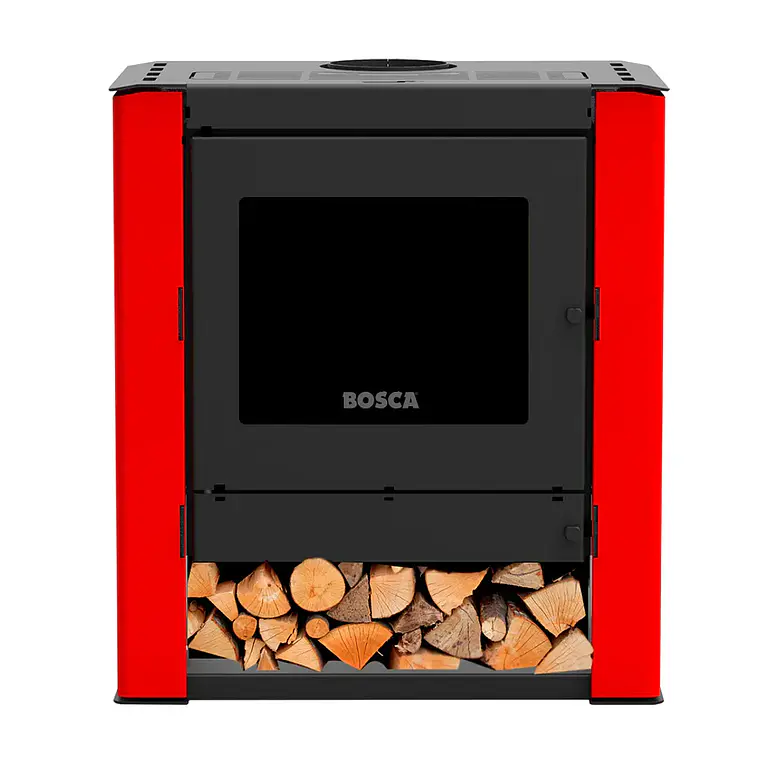 Calefactor a Leña Bosca Gold 500 Rojo Black Vision CERT – Máxima Potencia y Diseño Panorámico 1