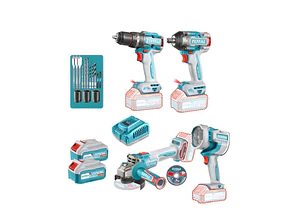 COMBO INALAMBRICO TALADRO PERCUTOR + LLAVE DE IMPACTO + ESMERIL ANGULAR + LINTERNA+ACCS