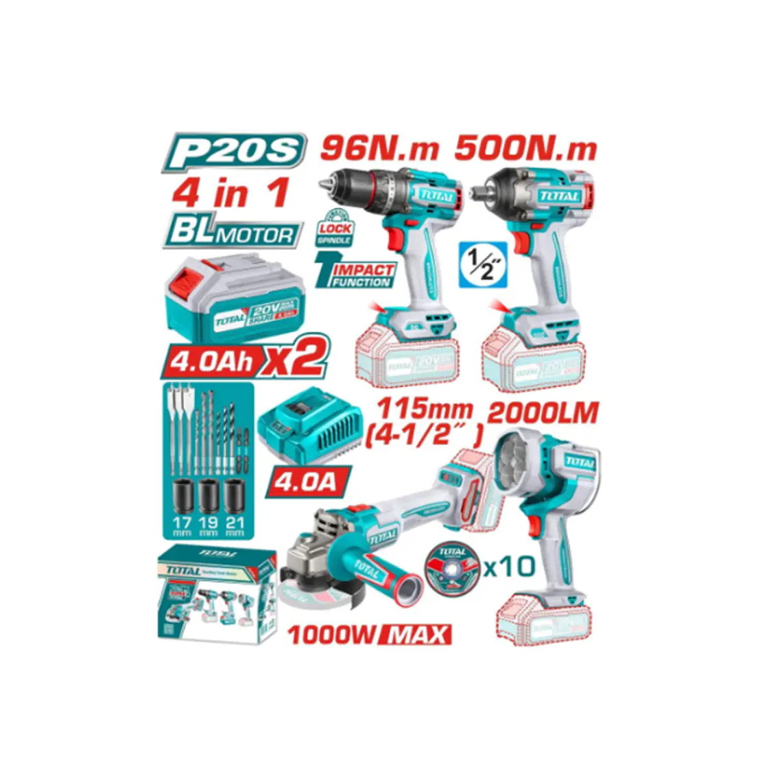 COMBO INALAMBRICO TALADRO PERCUTOR + LLAVE DE IMPACTO + ESMERIL ANGULAR + LINTERNA+ACCS 2