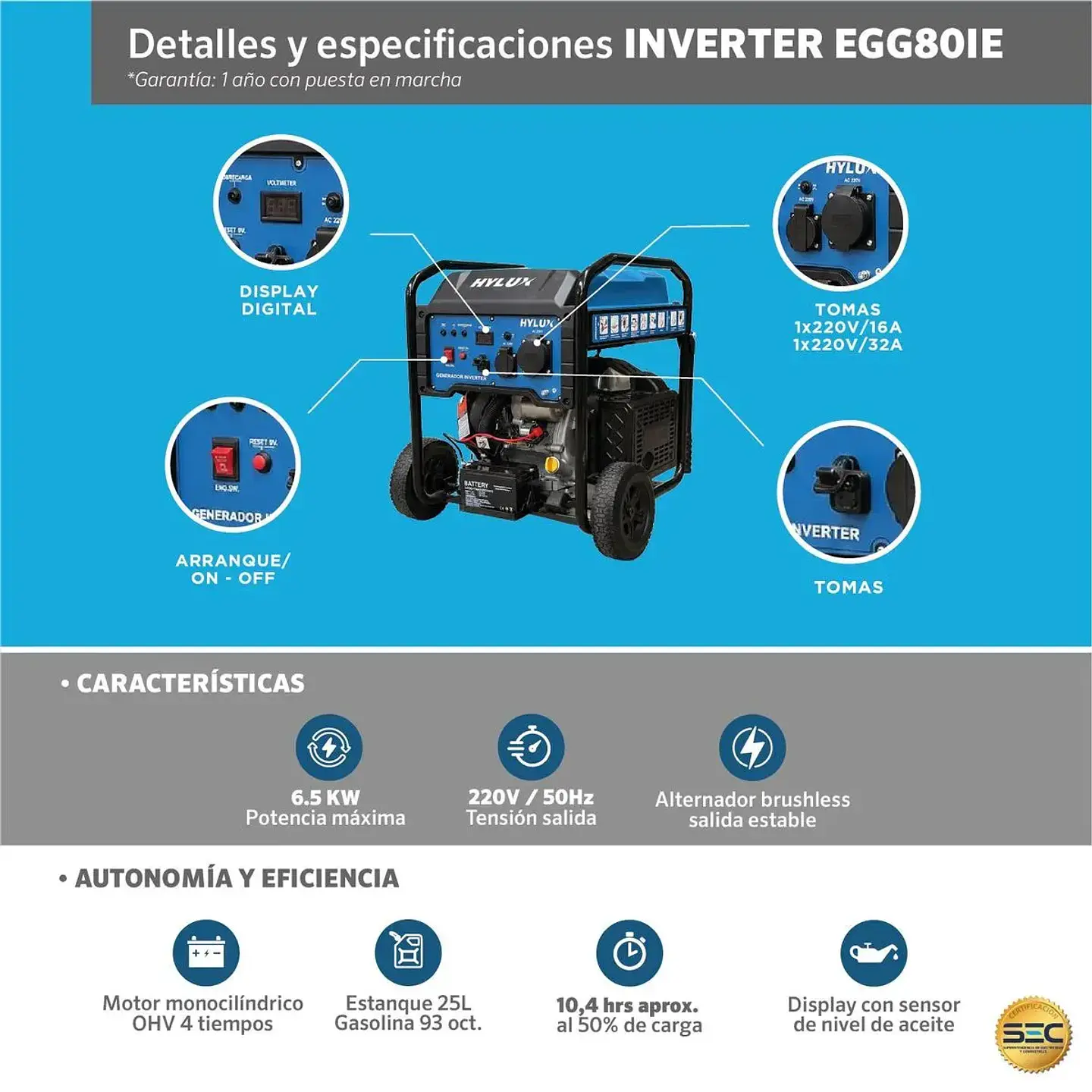 GENERADOR HYLUX EGG80IE 6 KVA INVERTER GASOLINA 3