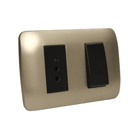 Interruptor Simple 9/12+Toma Corriente 10A 250V Café/Titanio Armado