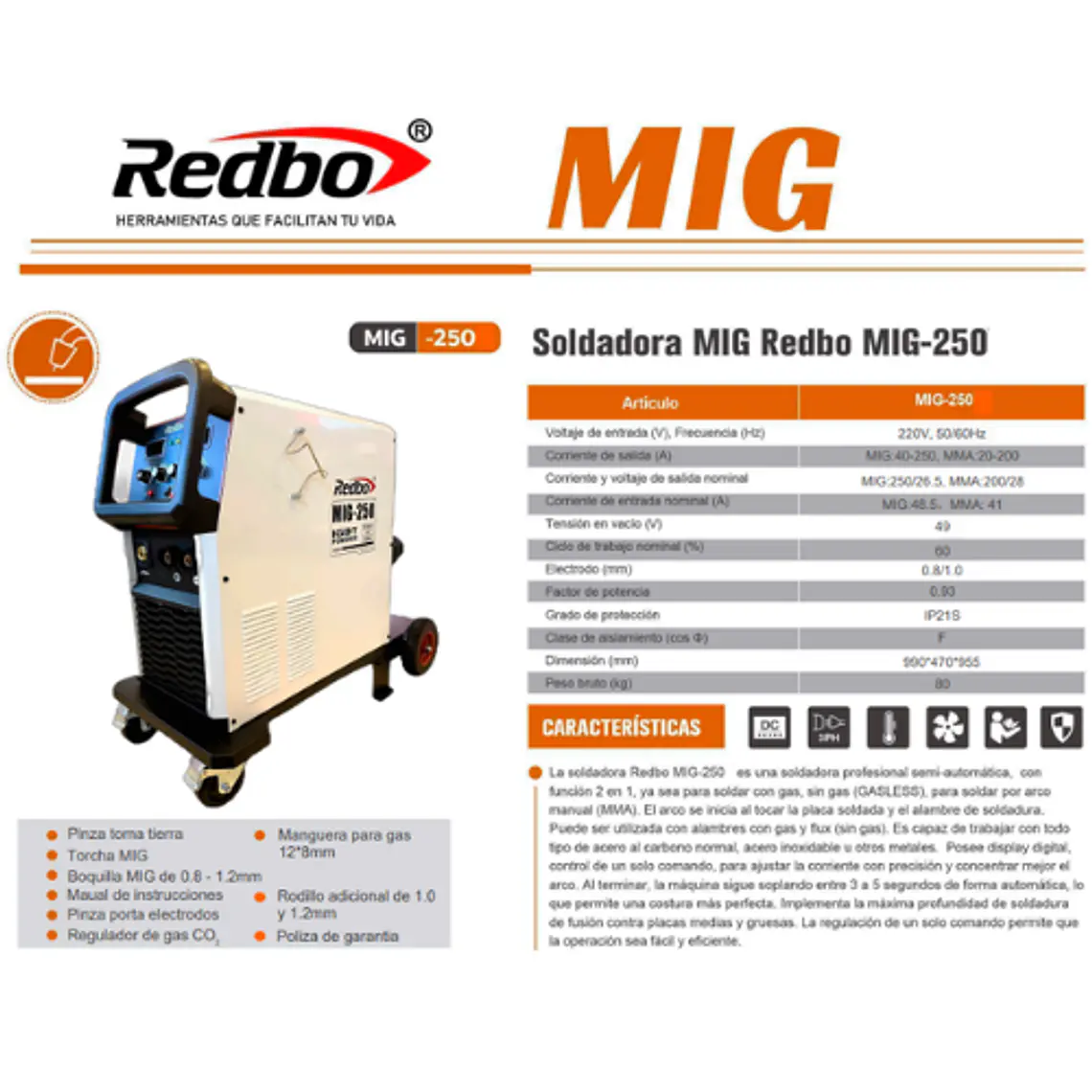 Soldadora Inverter Industrial Redbo MIG-250 Mono 250A 2