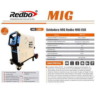 Soldadora Inverter Industrial Redbo MIG-250 Mono 250A