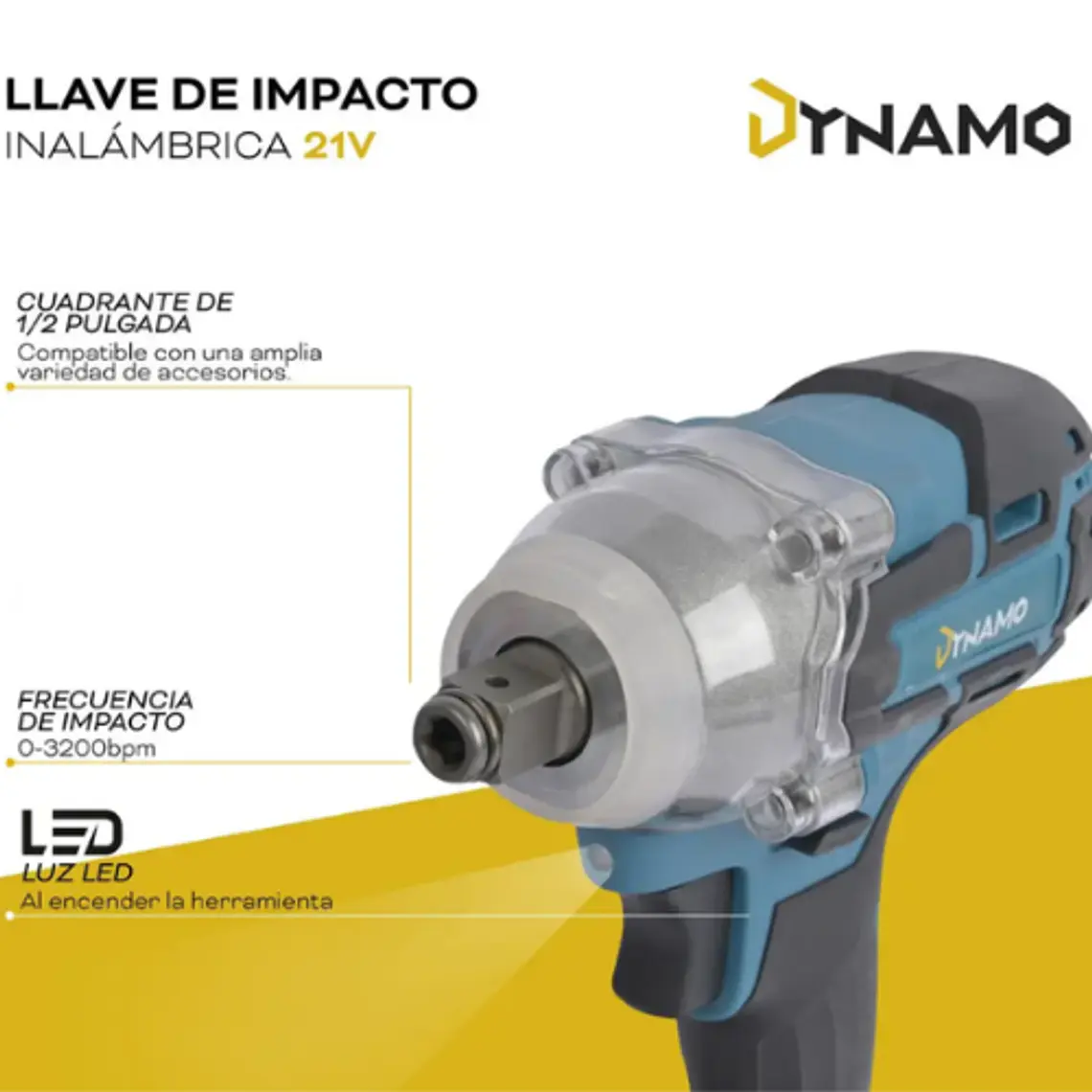 Llave de Impacto Inalámbrica Dynamo 21V + 2 Baterias y Acss 3