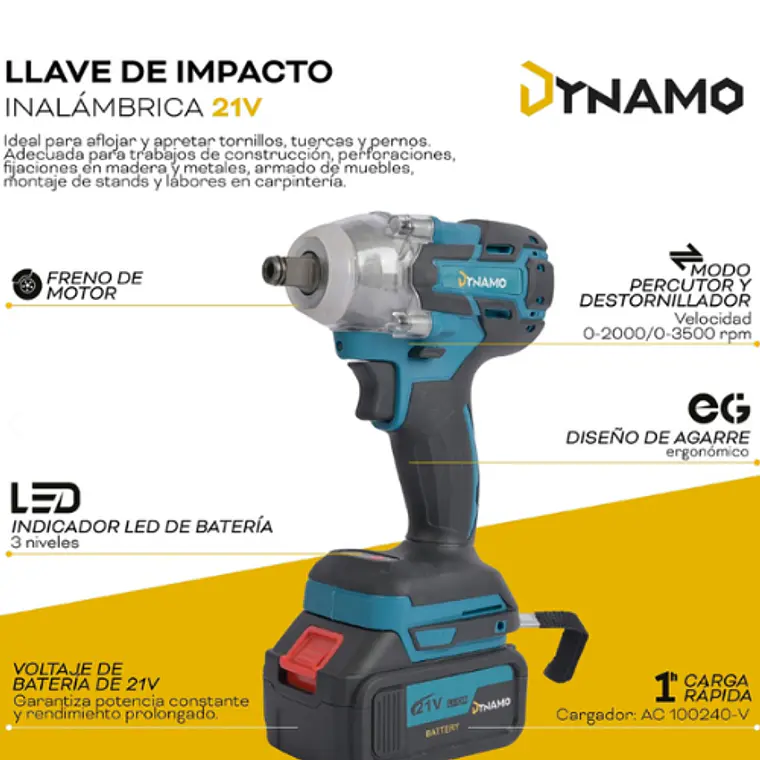 Llave de Impacto Inalámbrica Dynamo 21V + 2 Baterias y Acss 4