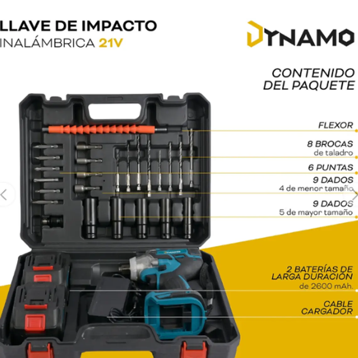 Llave de Impacto Inalámbrica Dynamo 21V + 2 Baterias y Acss 5