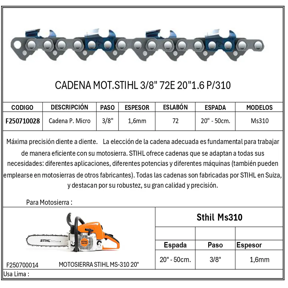 CADENA MOTOSIERRA STIHL 3/8 72E 20 1.6 310 360 361 363 1