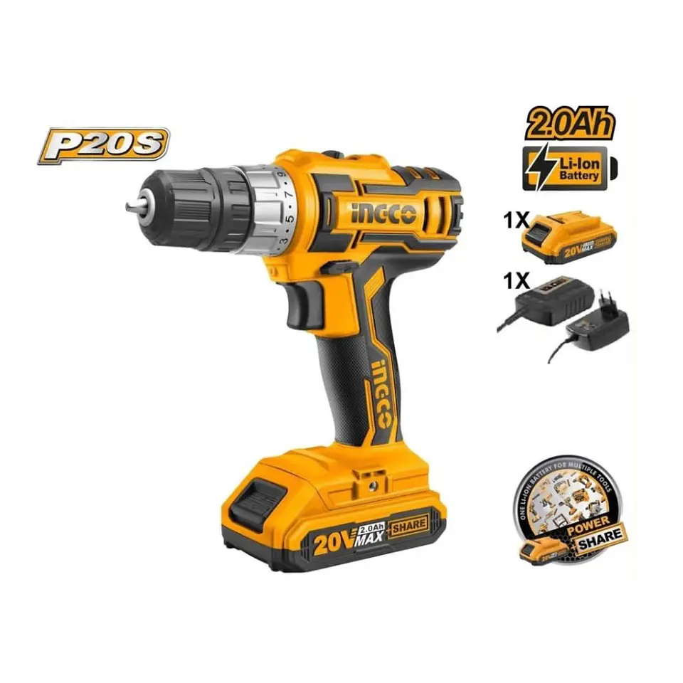 TALADRO ATORNILLADOR INGCO INALAMBRICO 20V CON ACCESORIOS 1